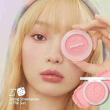 model wearing peripera Pure Blushed Sunshine Cheek 27 Strawberry Pink showing bright finish
