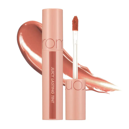 rom&nd Juicy Lasting Tint 22 Pomelo Skin with warm nude swatch and applicator