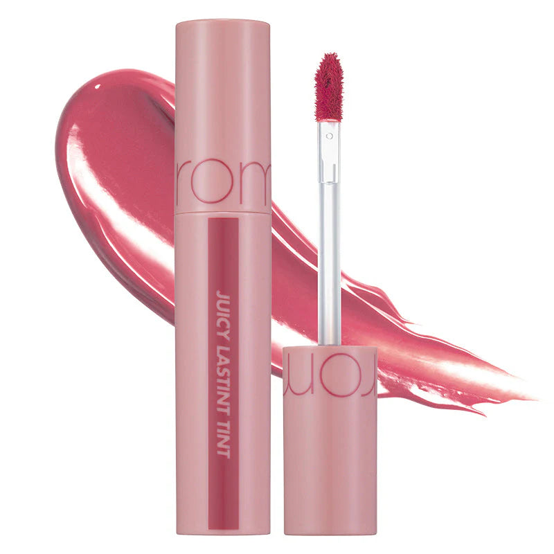 rom&nd Juicy Lasting Tint 25 Bare Grape with soft pink swatch and applicator
